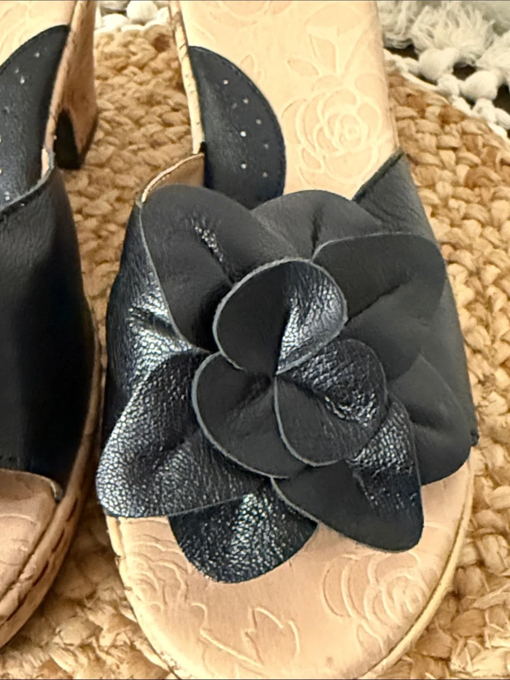 Bjorndal Black Leather Floral Cork Wedge Slide Sandals Womens Size 11 Boho Chic